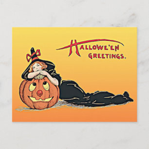 Vintage Halloween Greetings Witch Pumpkin Postcard