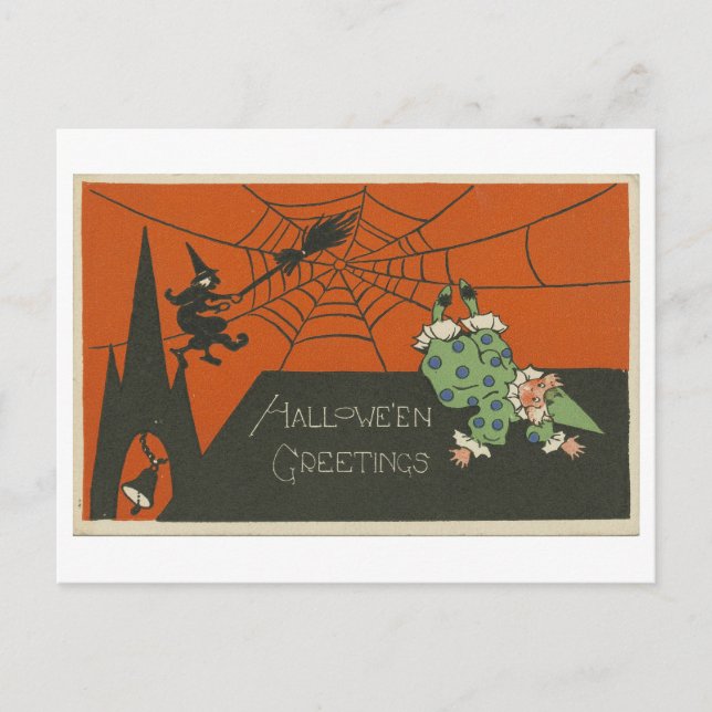 Vintage Halloween Greetings with Clown and Witch Postcard (Front)