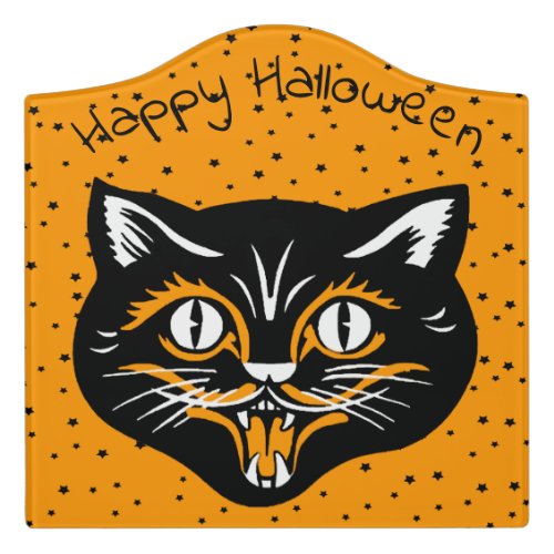 Vintage Halloween Happy Black Cat Face Stars Door Sign