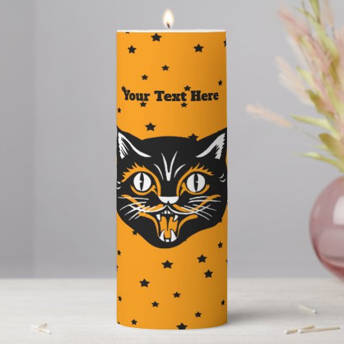 Vintage Halloween Happy black Cat Face Stars Pillar Candle