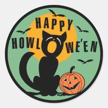 Vintage Halloween - Happy Halloween Black Cat Classic Round Sticker by Vintage_Halloween at Zazzle