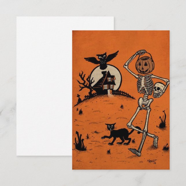 Vintage Halloween Happy Pumpkin Walking With Cat (Front/Back)