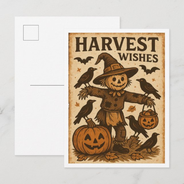 Vintage Halloween Harvest Wishes Postcard (Front/Back)