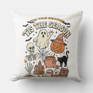 Vintage Halloween Haunted Gathering Illustration Throw Pillow