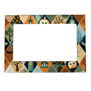 Vintage Halloween Haunted House Diamond Pattern Magnetic Frame