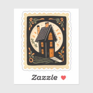 Vintage Halloween Haunted House & Full Moon Stamp Sticker