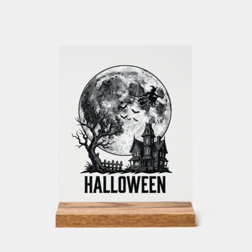 Vintage Halloween Haunted House Moon Shirt Design_ Acrylic Sign