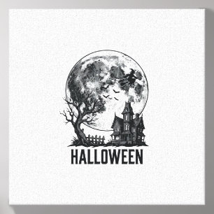 Vintage Halloween Haunted House Moon Shirt Design_ Canvas Photo Tile