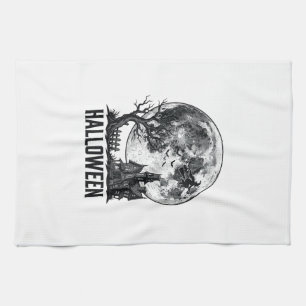 Vintage Halloween Haunted House Moon Shirt Design_ Kitchen Towel