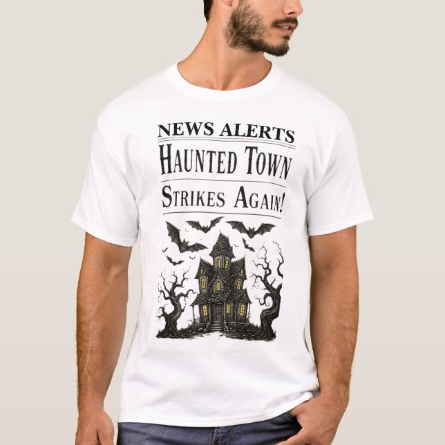 Vintage Halloween Haunted House News Alerts T-Shirt (Front)
