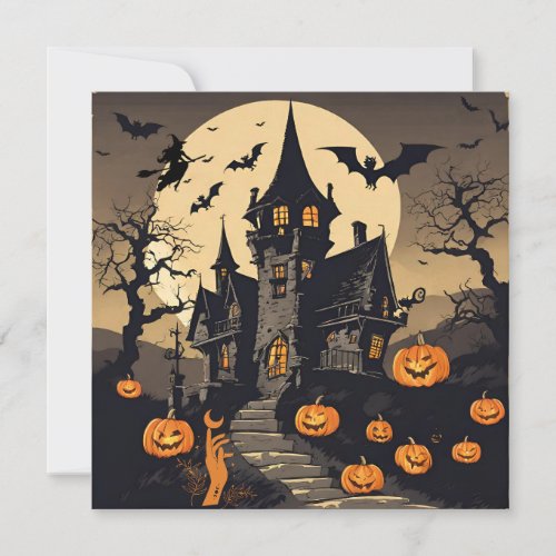 Vintage Halloween Haunted House Pumpkins Bats Holiday Card