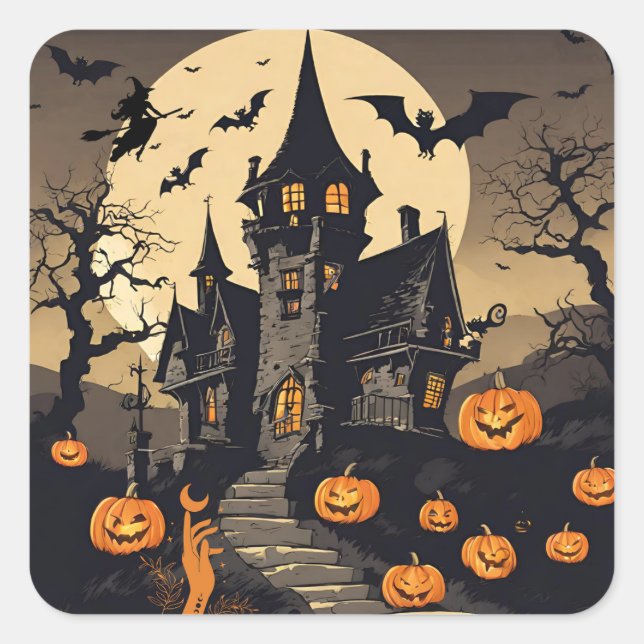 Vintage Halloween Haunted House, Pumpkins, Bats Square Sticker (Front)