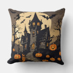 Vintage Halloween Haunted House, Pumpkins, Bats Throw Pillow