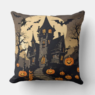 Vintage Halloween Haunted House, Pumpkins, Bats Throw Pillow