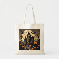 Vintage Halloween Haunted House, Pumpkins, Bats