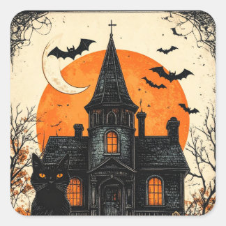 Vintage Halloween Haunted House Square Sticker