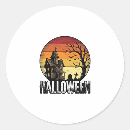 Vintage Halloween Haunted House Sunset Vector Art_ Classic Round Sticker