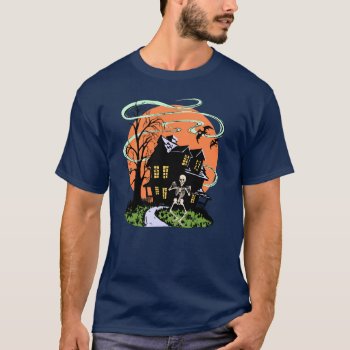 Vintage Halloween Haunted House With Skeleton T-shirt by Vintage_Halloween at Zazzle