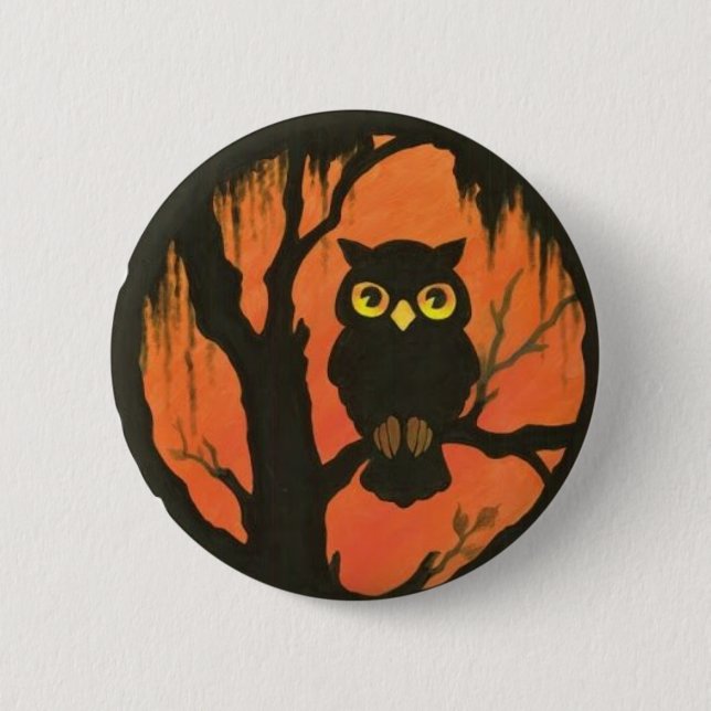 Vintage Halloween Hoot Owl Round Button (Front)