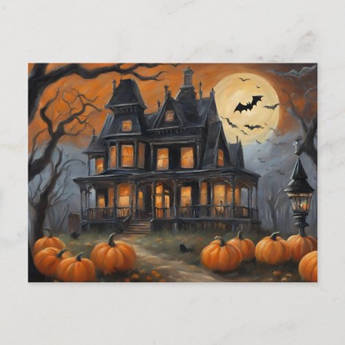 Vintage Halloween House and Full Moon  Holiday Postcard