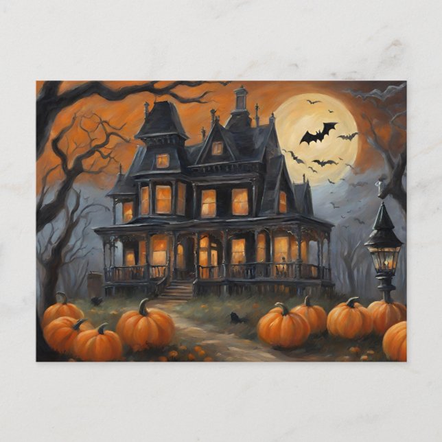 Vintage Halloween House and Full Moon  Holiday Postcard (Front)