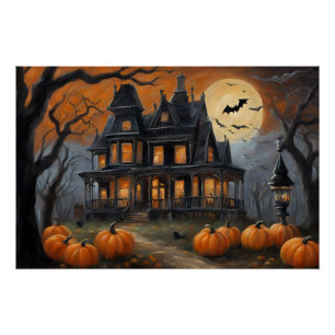 Vintage Halloween House and Full Moon  Poster
