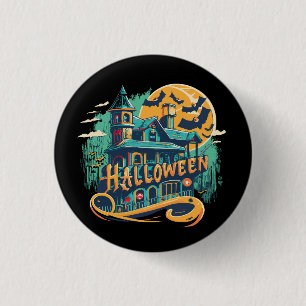 vintage halloween house with ghost button