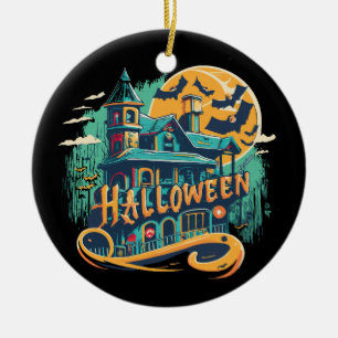vintage halloween house with ghost ceramic ornament