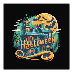 vintage halloween house with ghost photo print