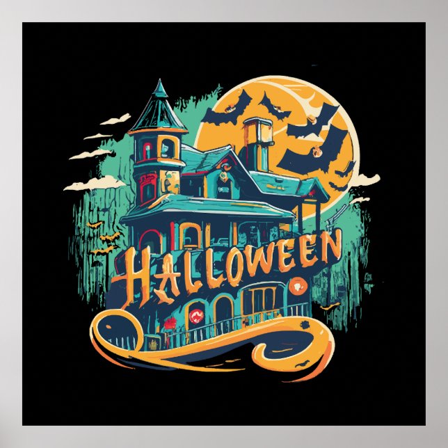 vintage halloween house with ghost  poster (Front)