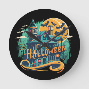 vintage halloween house with ghost round clock