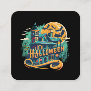 vintage halloween house with ghost  square business card