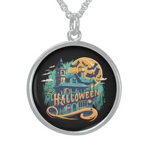 vintage halloween house with ghost  sterling silver necklace