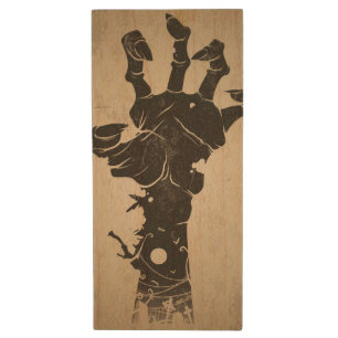 Vintage Halloween Icon - Zombie Hand Wood Flash Drive