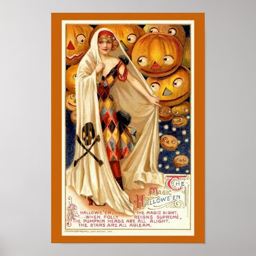 Vintage Halloween illustration witch pumpkins  Poster