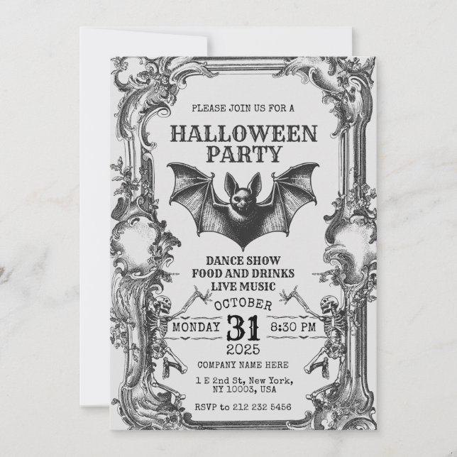 Vintage Halloween Invitation with Skeletons & Bat (Front)