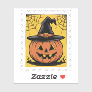 Vintage Halloween Jack-o'-Lantern Witch Hat Stamp Sticker