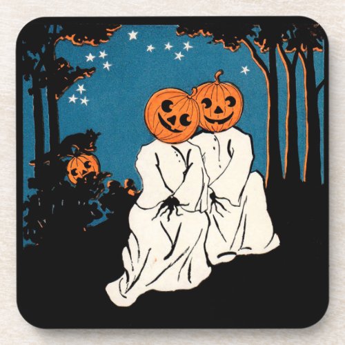 Vintage Halloween Jack OLantern Couple Beverage Coaster
