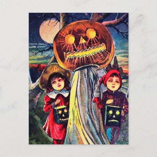 Vintage Halloween kids and pumpkin postcard