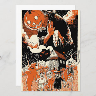 Vintage Halloween Kids And Scary Pumpkin