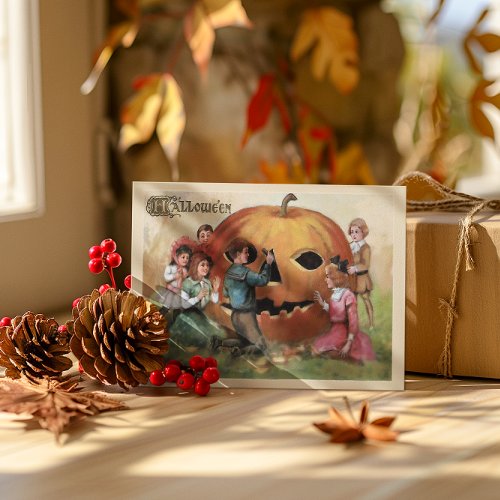 Vintage Halloween Kids Carving Large Pumpkin Note Card