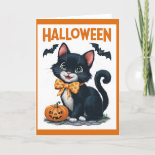 Vintage Halloween Kitten with Bats and a Bow Holiday Card