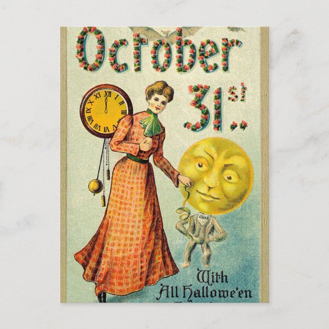 Vintage Halloween lady and pumpkin man postcard (Front)