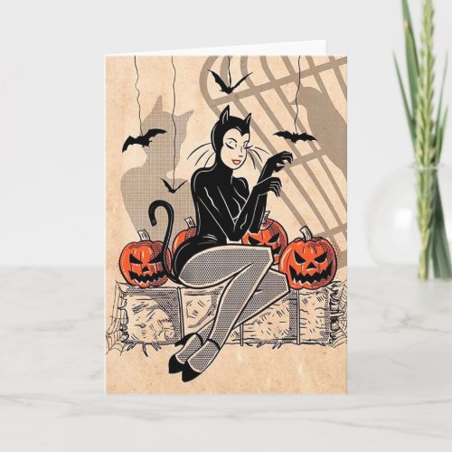 Vintage Halloween Lady In Cat Costume Card