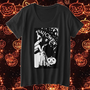 Vintage Halloween Lady with Mask Jack-O’-Lantern Plus Size T-Shirt