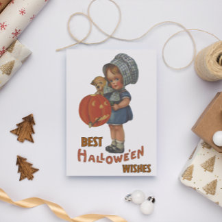 Vintage Halloween Little Girl And Puppy Card