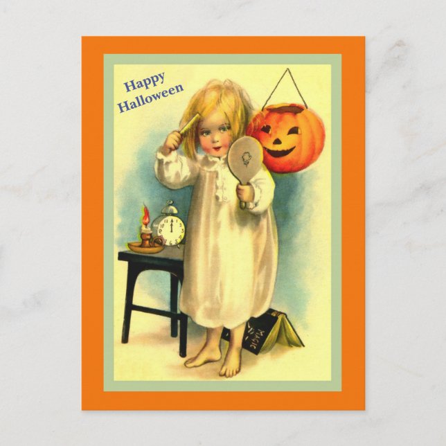 Vintage Halloween Little Girl & Jack-O-Lantern Postcard (Front)