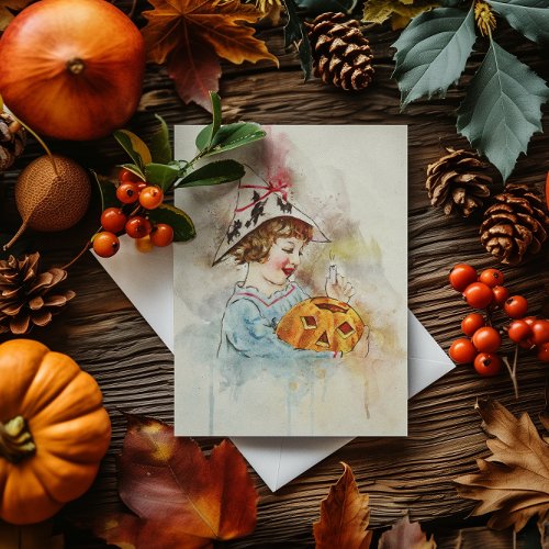 Vintage Halloween Little Girl Pumpkin Watercolor Holiday Card