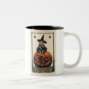 Vintage-halloween-little-girl-witch-pumpkin-black- Two-tone Coffee Mug by beatrice63 at Zazzle