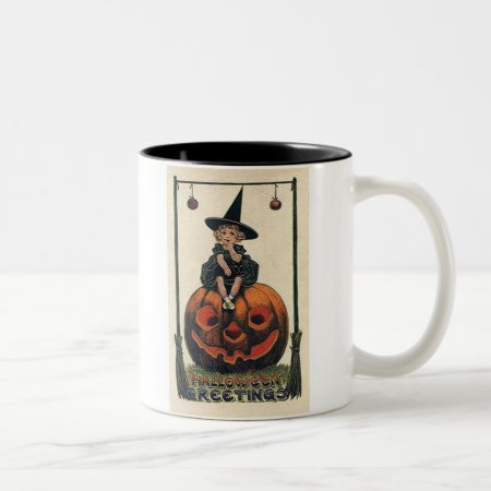 Vintage-halloween-little-girl-witch-pumpkin-black- Two-tone Coffee Mug